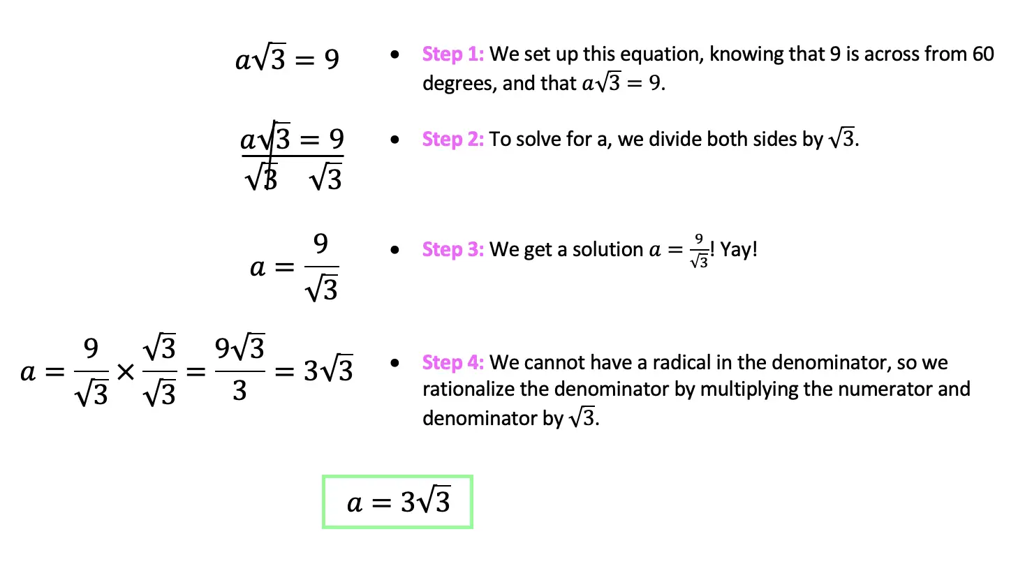 We set up this equation, knowing that 9 is across from 60 degrees, and that a√3=9. 	To solve for a, we divide square root both sides by √3. 	We get a solution a=9/√3! Yay! We cannot have a radical in the denominator, so we rationalize the denominator by multiplying the numerator and denominator by √3.
